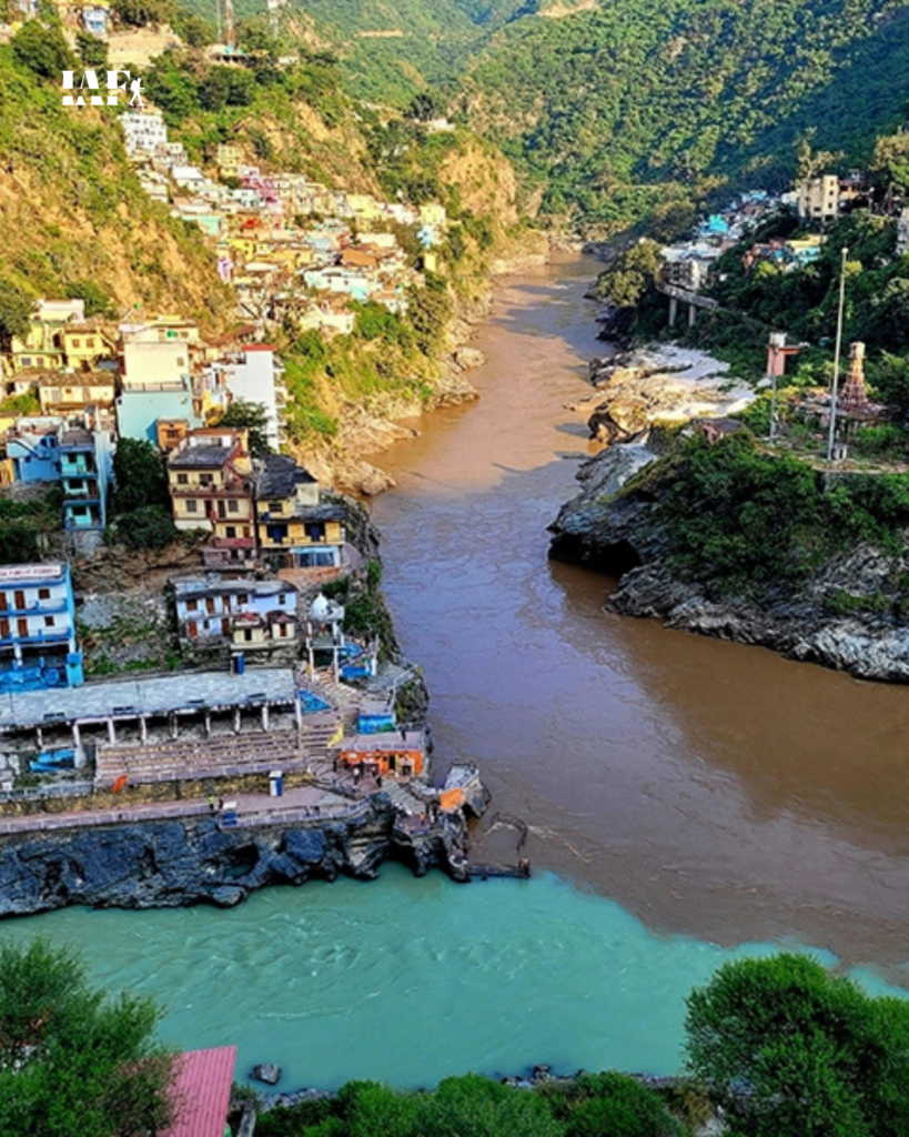 Devprayag confluence of Alaknanda and Bhagirathi rivers forming Ganga in Uttarakhand.