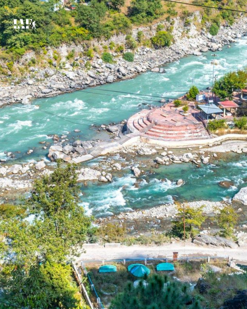 Nandprayag Sangam with stepped ghat at the confluence of Alaknanda and Nandakini rivers in Uttarakhand.