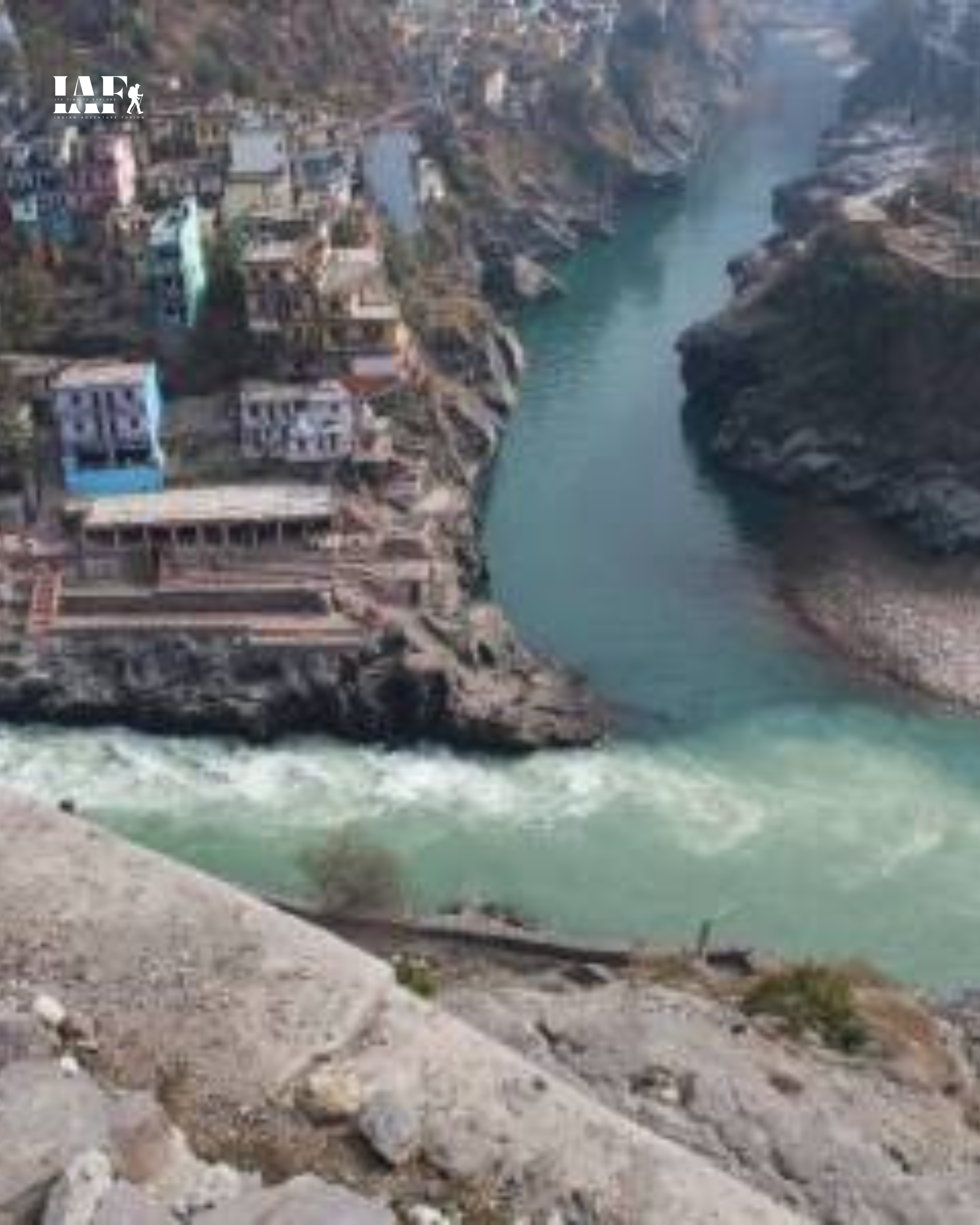 Close view of the Alaknanda and Bhagirathi river confluence at Devprayag.