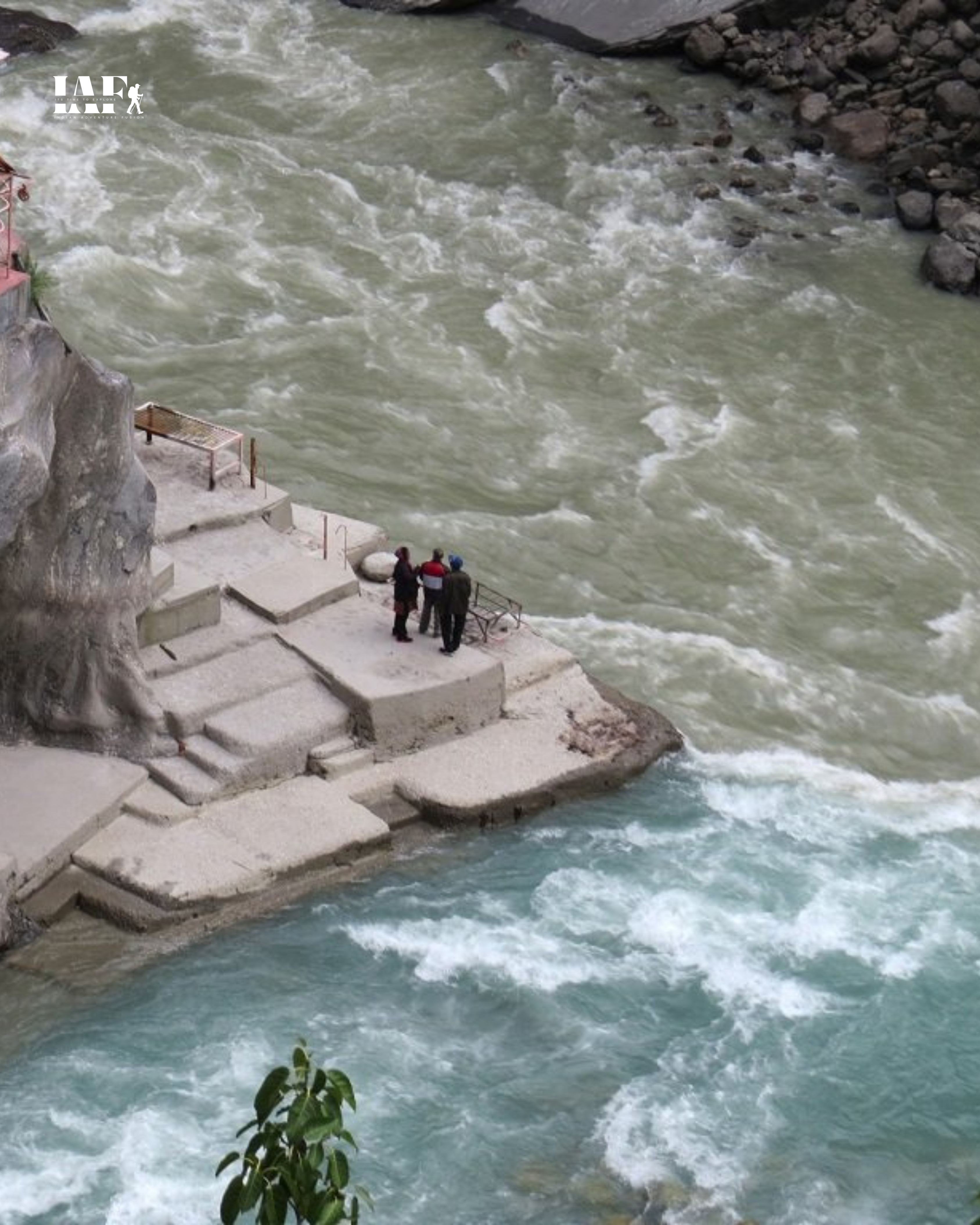 Meeting point of Alaknanda and Dhauliganga rivers at Vishnuprayag with swirling waters.