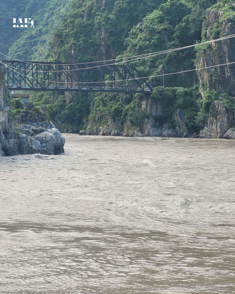 Steel bridge over Alaknanda River at Karnaprayag in the Garhwal Himalayas.