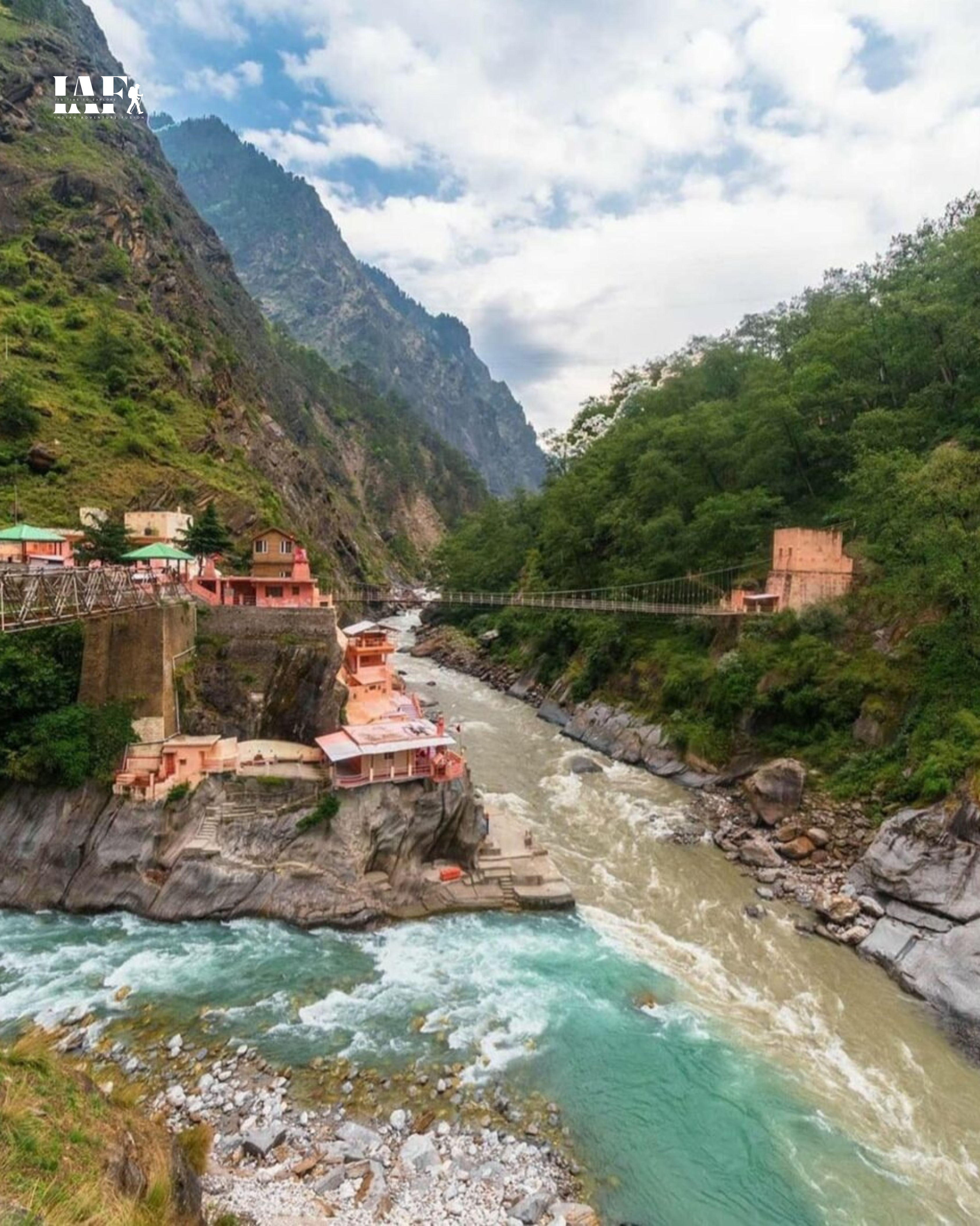 Aerial view of Vishnuprayag temple near river confluence in Uttarakhand.