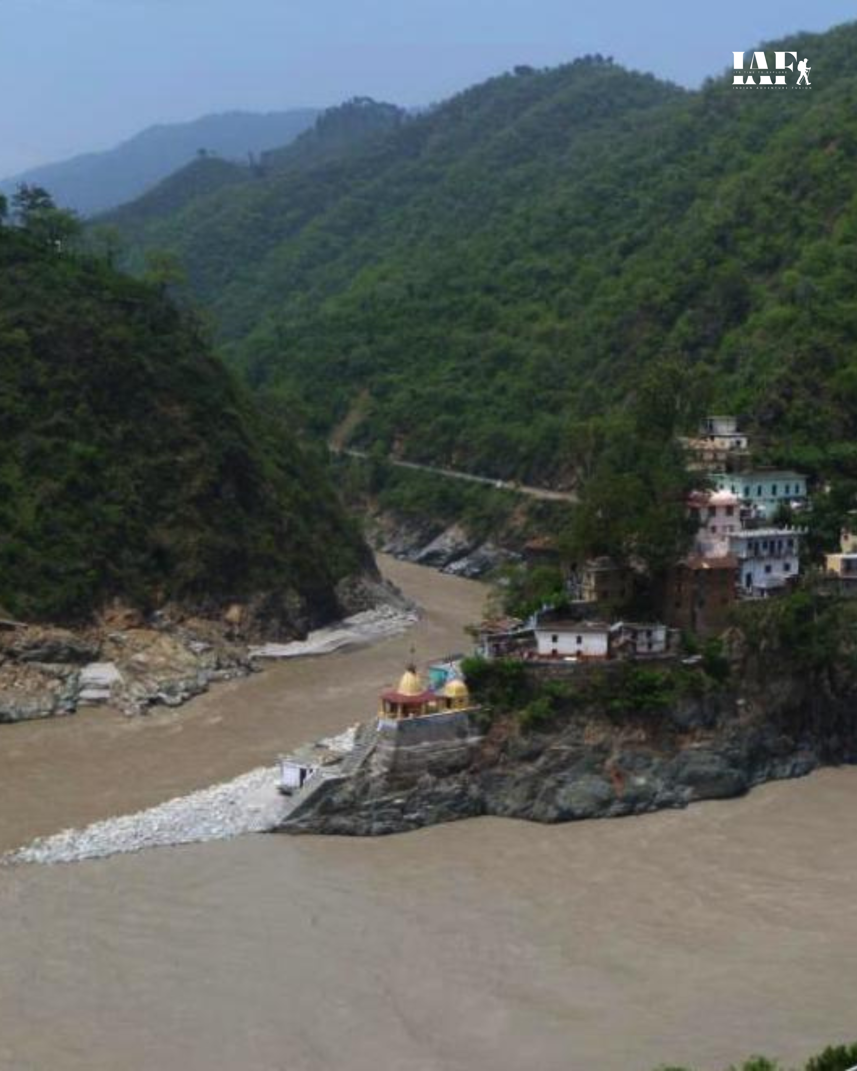 Aerial view of Rudraprayag temple at the confluence of Alaknanda and Mandakini rivers.