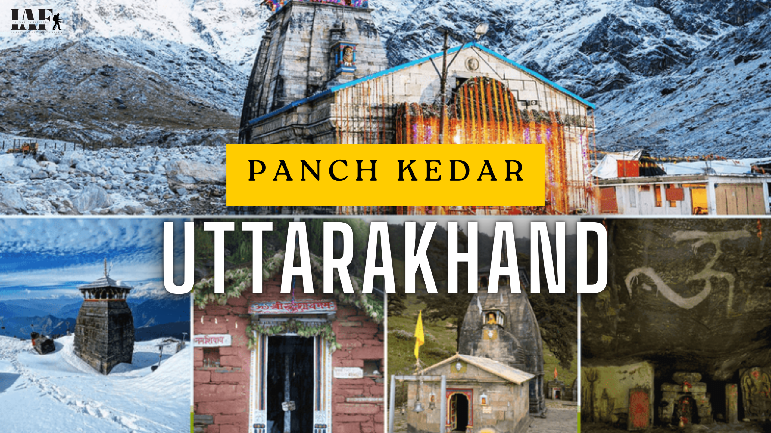 Collage of Panch Kedar temples in Uttarakhand including Kedarnath Temple and other sacred Lord Shiva shrines in the Himalayas.