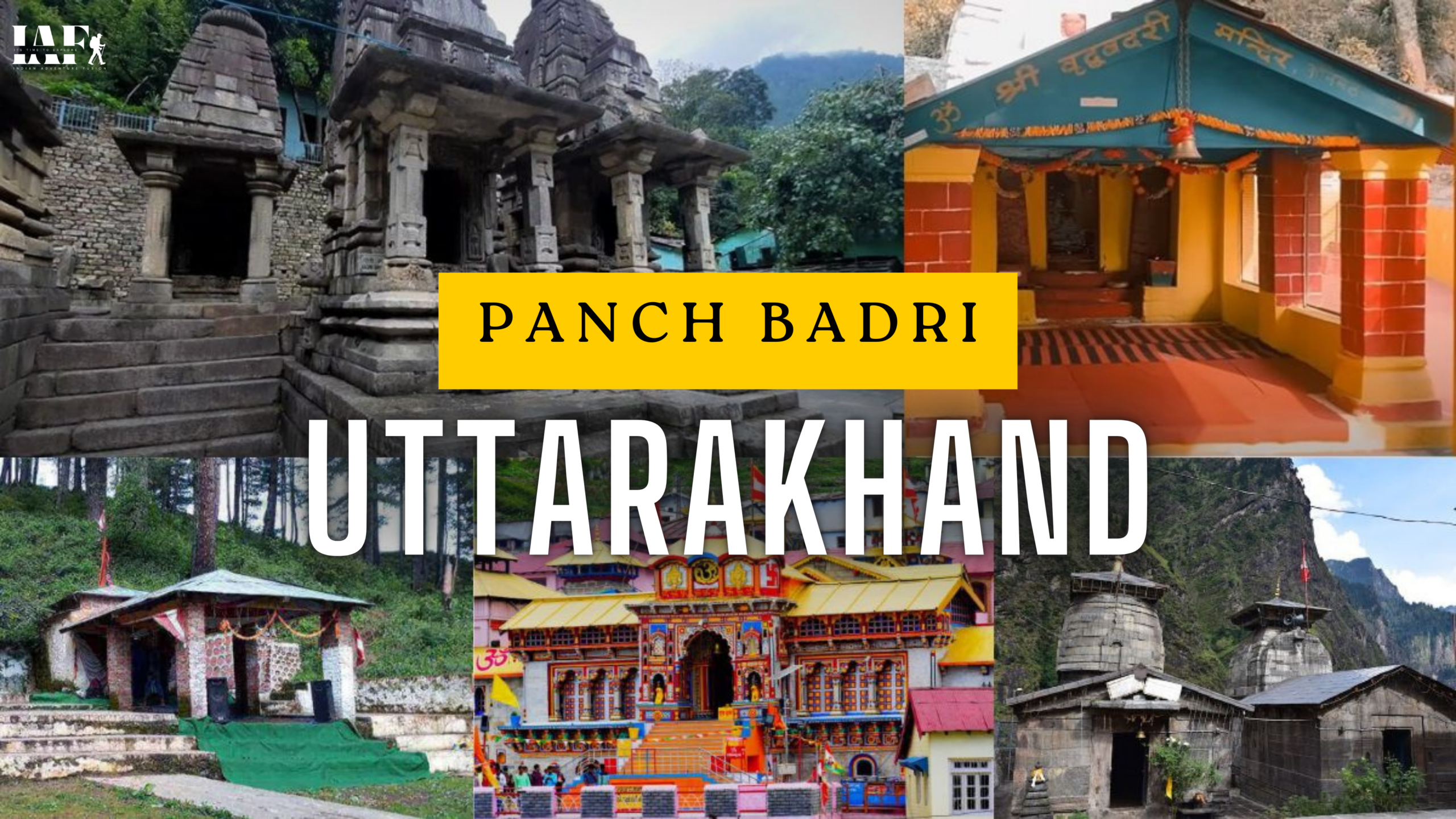 Collage of Panch Badri temples in Uttarakhand including Badrinath Temple and other sacred Vishnu shrines in the Himalayas.