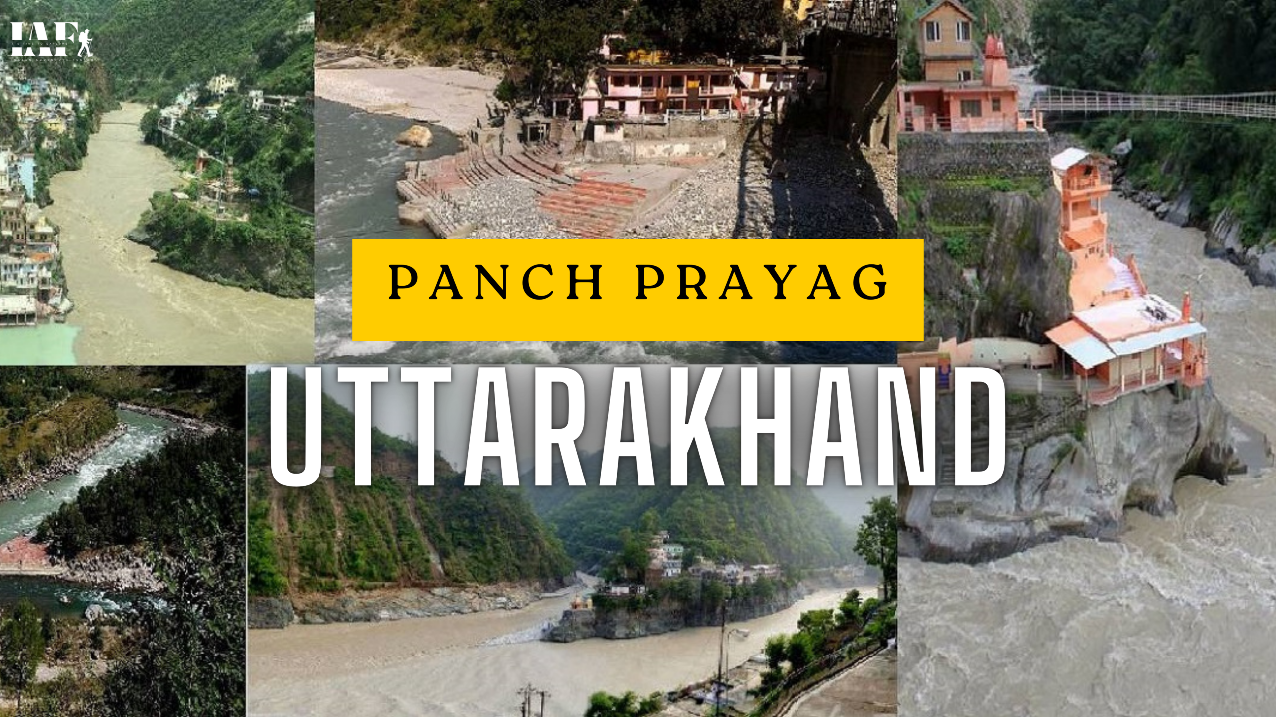 Collage of Panch Prayag river confluences in Uttarakhand showing sacred meeting points of Alaknanda River with other Himalayan rivers.