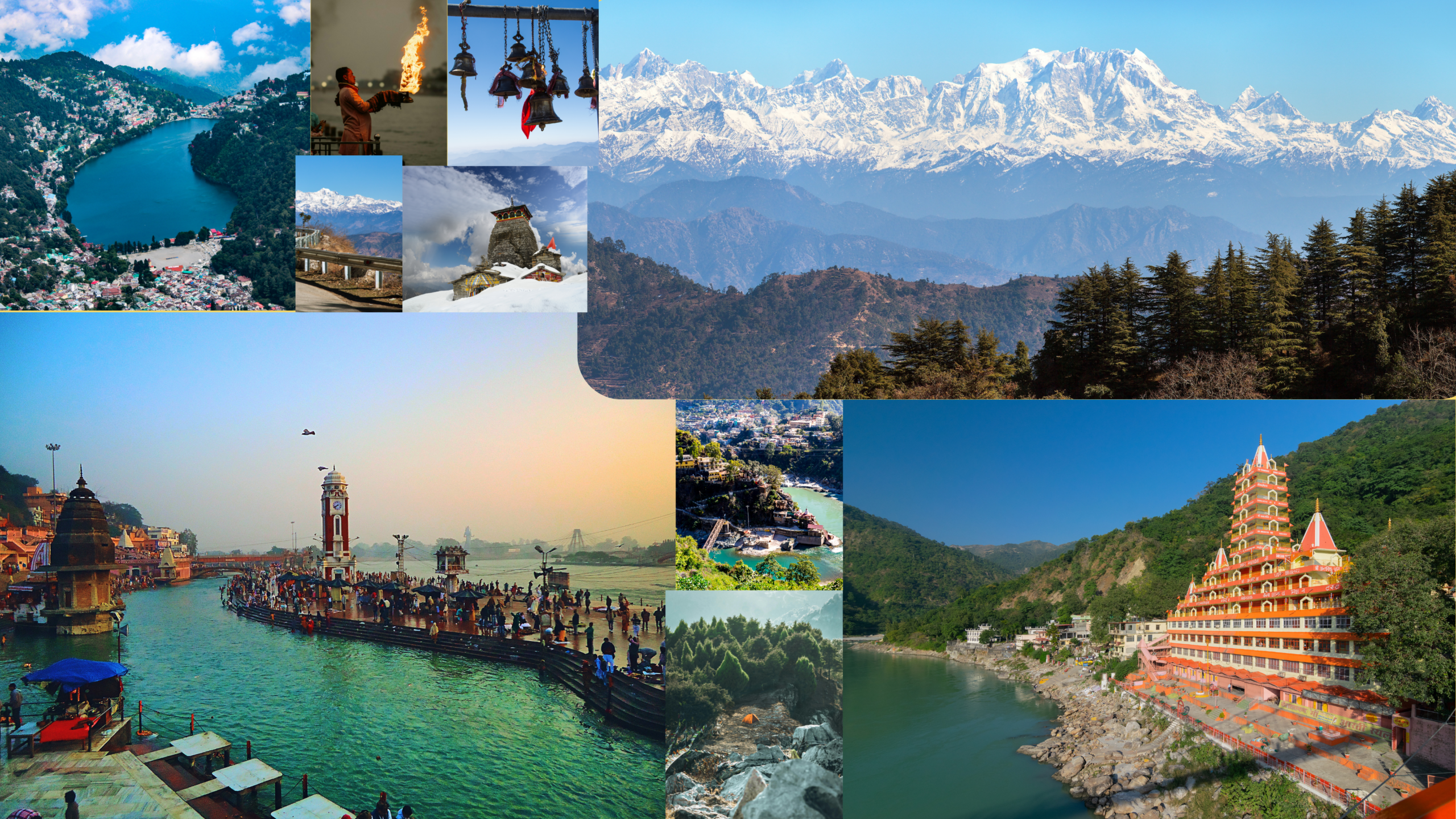 Collage of Uttarakhand featuring Himalayan mountains, Haridwar Ganga Aarti, Rishikesh temple, Naini Lake, and scenic hill landscapes.