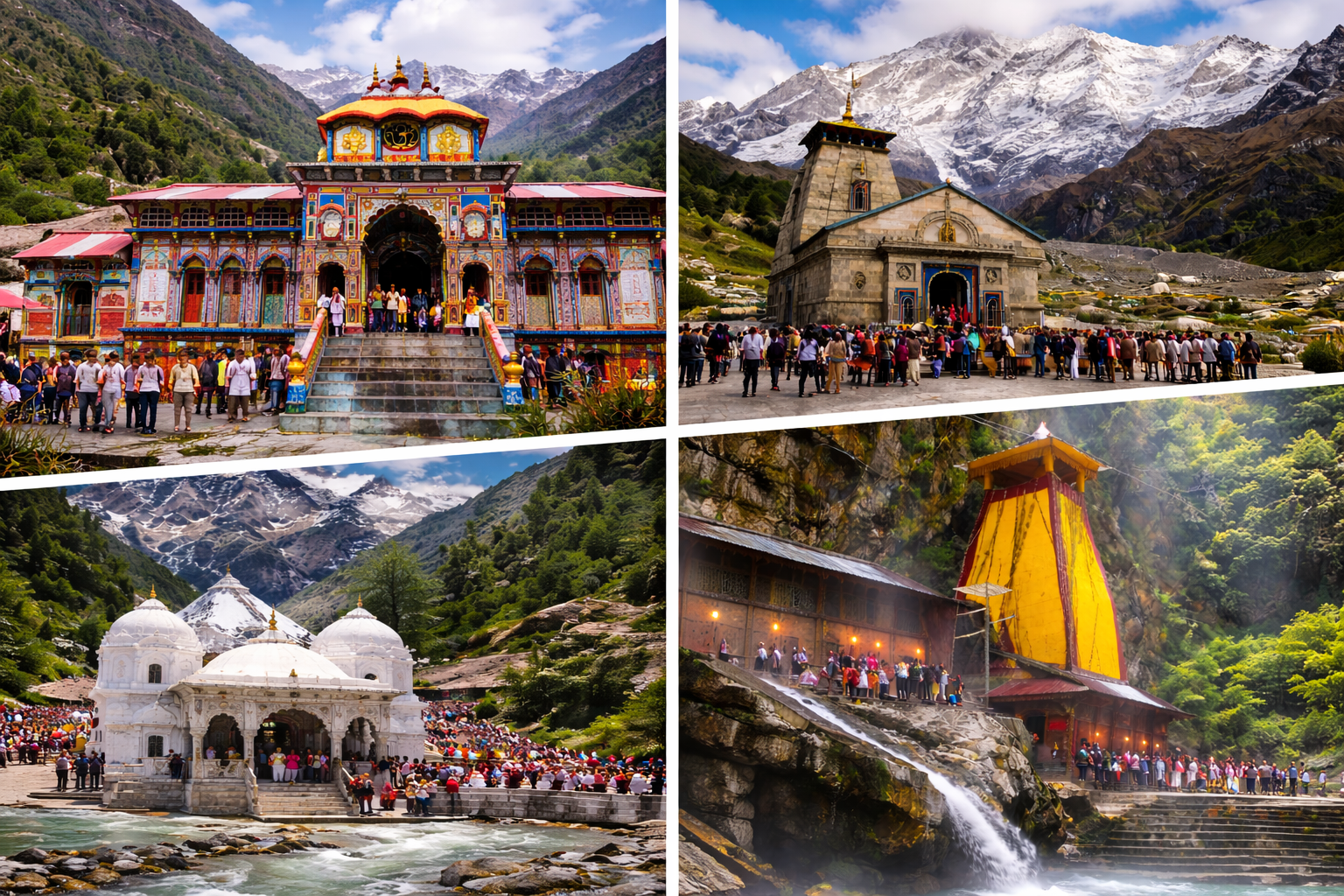 Char Dham Yatra temples collage – Badrinath, Kedarnath, Gangotri and Yamunotri in Uttarakhand Himalayas